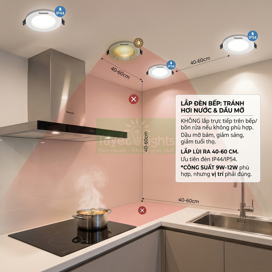 Đèn âm trần Panasonic IP44 IP54 lắp trên trần bếp và chậu rửa, hướng dẫn khoảng cách lắp tránh hơi nước và dầu mỡ