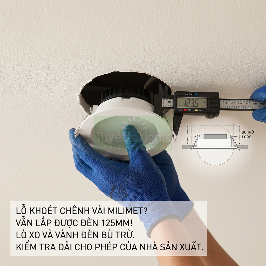 Lắp đặt đèn âm trần Tuyết Lights vào trần thạch cao, thợ dùng thước kẹp đo đường kính lỗ khoét