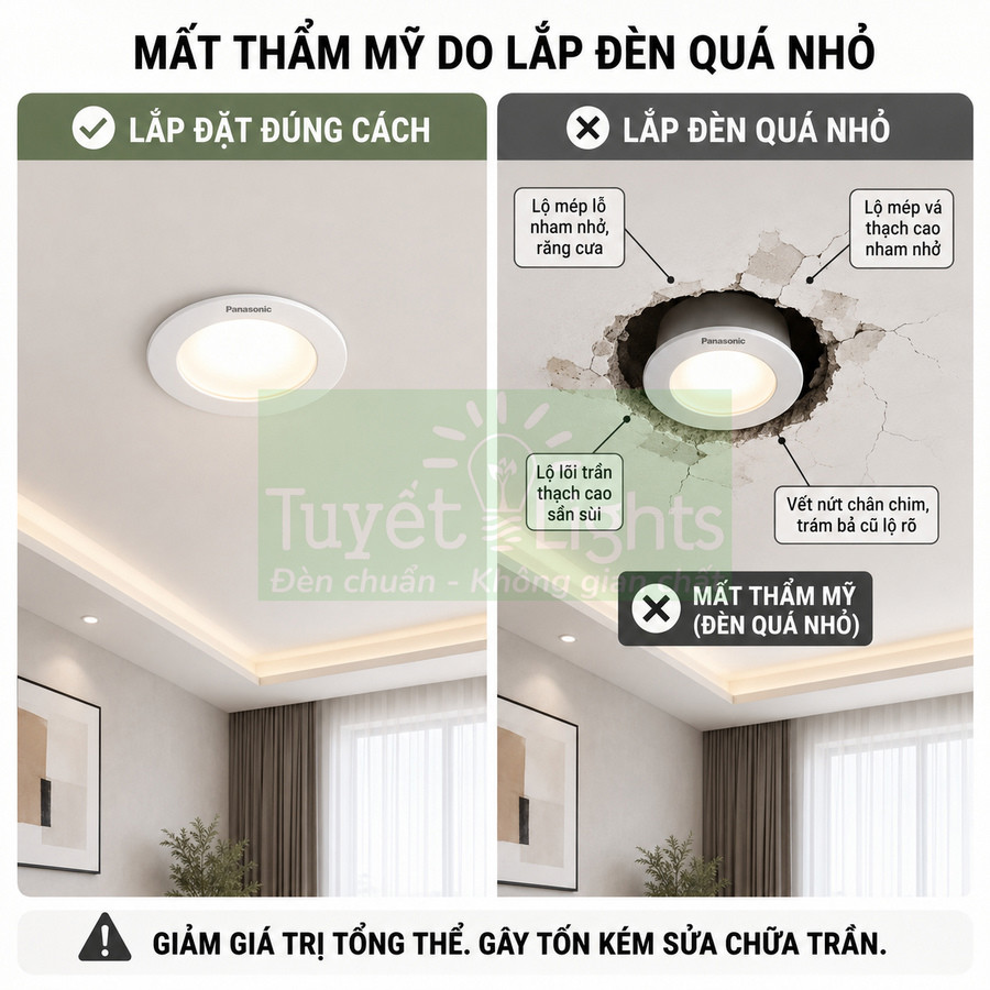 So sánh trần nhà lắp đèn âm trần Panasonic đúng kích thước và đèn quá nhỏ gây nứt vỡ mất thẩm mỹ