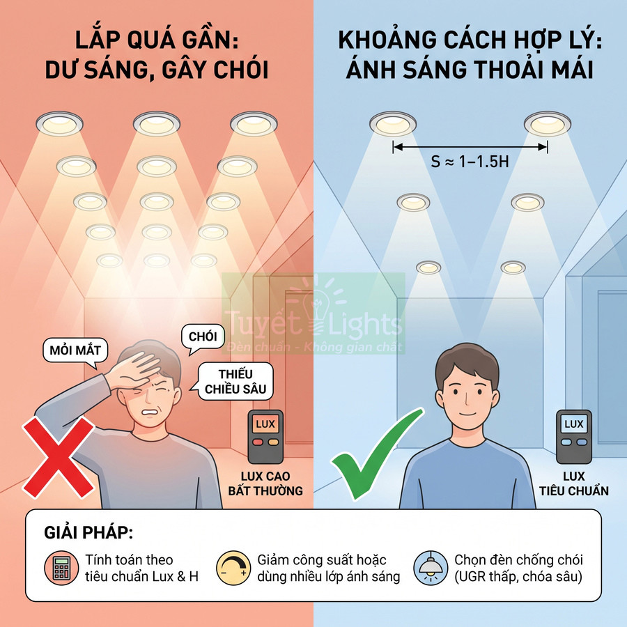 So sánh lắp đèn âm trần quá dày gây chói với bố trí khoảng cách hợp lý cho ánh sáng dễ chịu