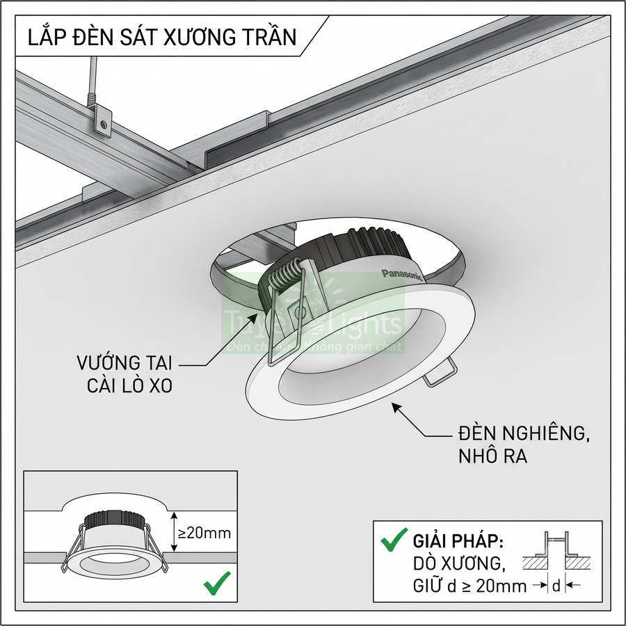 Hướng dẫn lắp đặt đèn âm trần Panasonic với tai cài lò xo sát khung trần