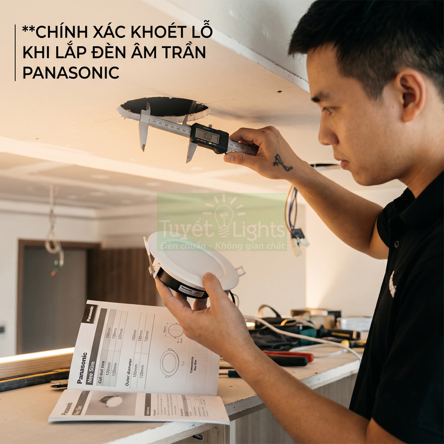 Kỹ thuật viên đo lỗ khoét trần để lắp đèn âm trần Panasonic kèm hướng dẫn lắp đặt