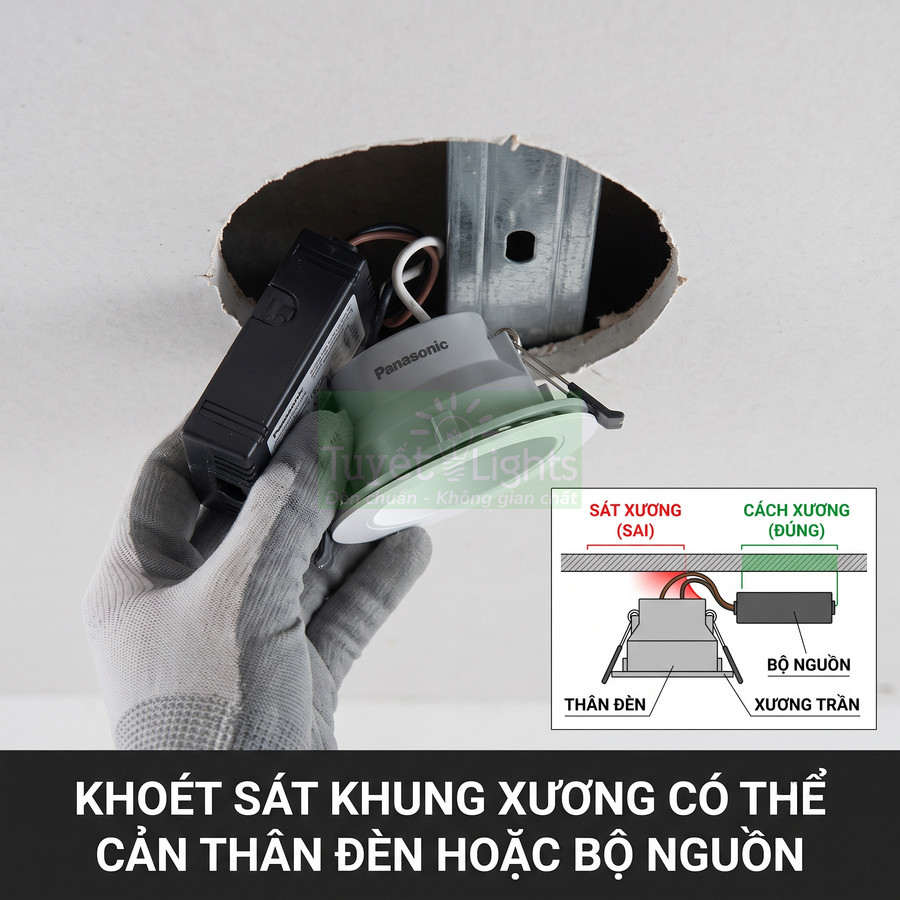 Lắp đặt đèn âm trần Panasonic và bộ nguồn trong lỗ khoét trần thạch cao