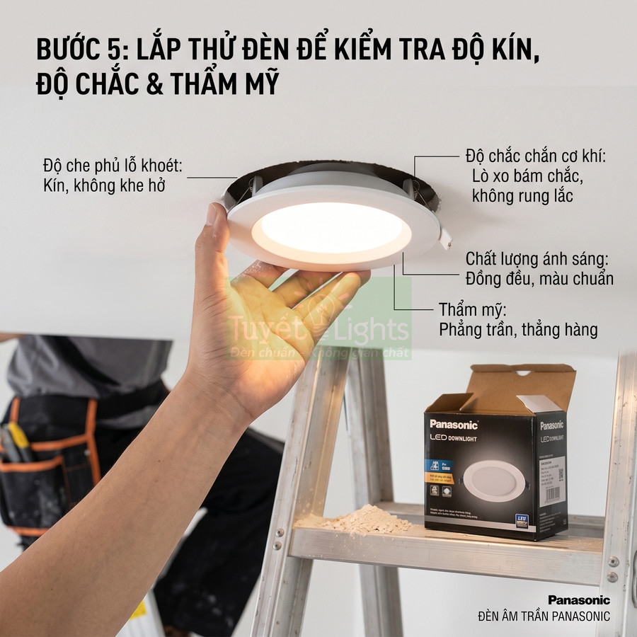 Lắp đặt đèn âm trần Panasonic LED downlight trên trần nhà, kiểm tra độ kín và độ chắc chắn