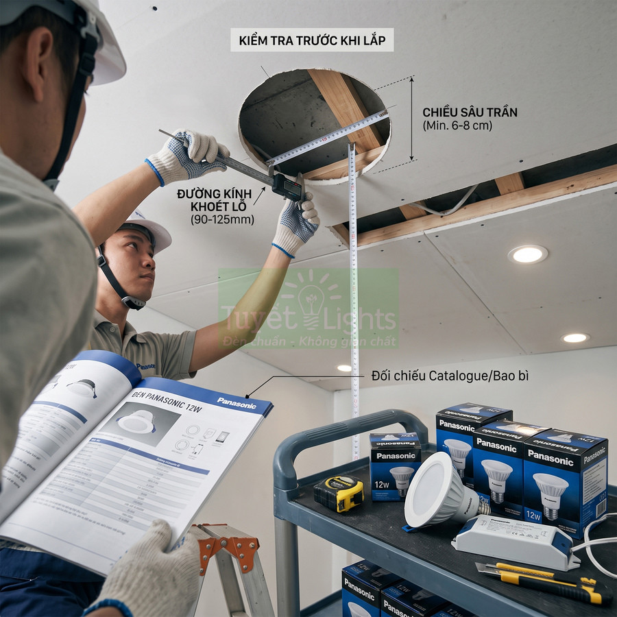 Kỹ thuật viên lắp đặt đèn LED âm trần Panasonic 12W, đo kích thước trần và đối chiếu catalogue
