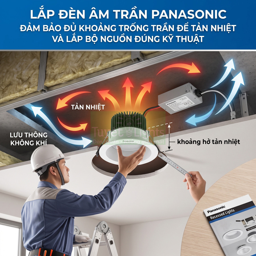 Kỹ thuật viên lắp đặt đèn âm trần Panasonic với khoảng hở tản nhiệt và bộ nguồn đúng kỹ thuật