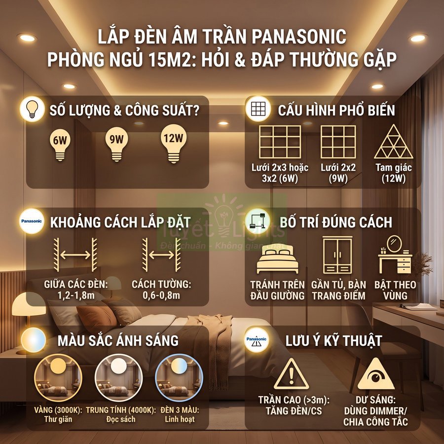 Hướng dẫn lắp đèn âm trần Panasonic cho phòng ngủ 15m2 với số lượng, công suất và cách bố trí hợp lý
