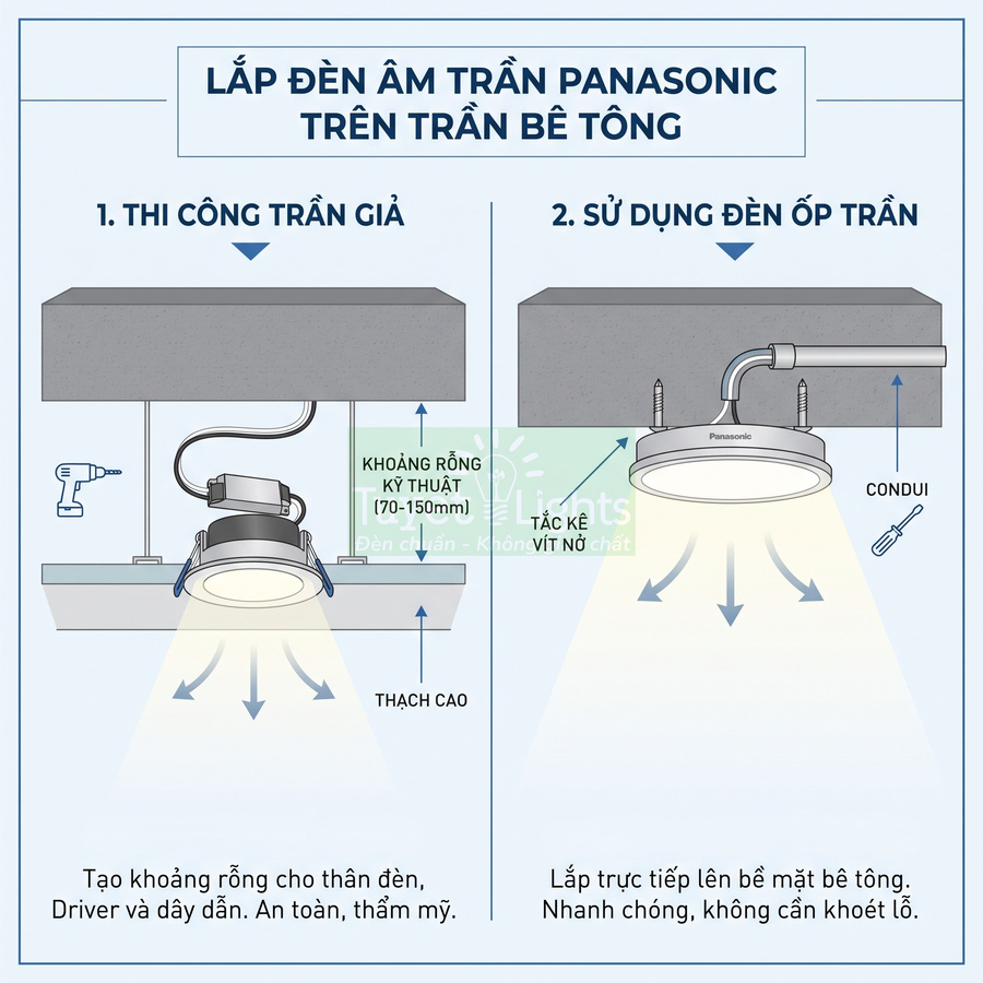 Hướng dẫn lắp đèn âm trần và đèn ốp trần Panasonic trên trần bê tông, minh họa hai phương pháp thi công