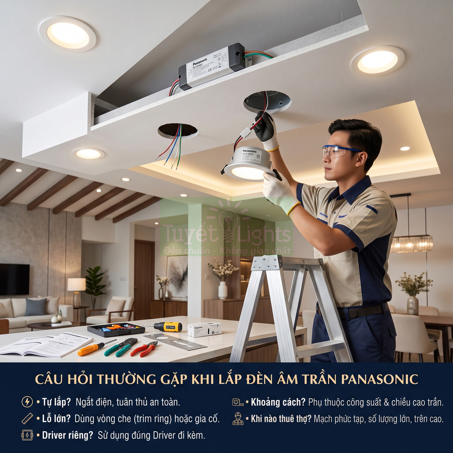 Kỹ thuật viên lắp đặt đèn âm trần Panasonic trong phòng khách hiện đại, cạnh bộ dụng cụ điện trên bàn