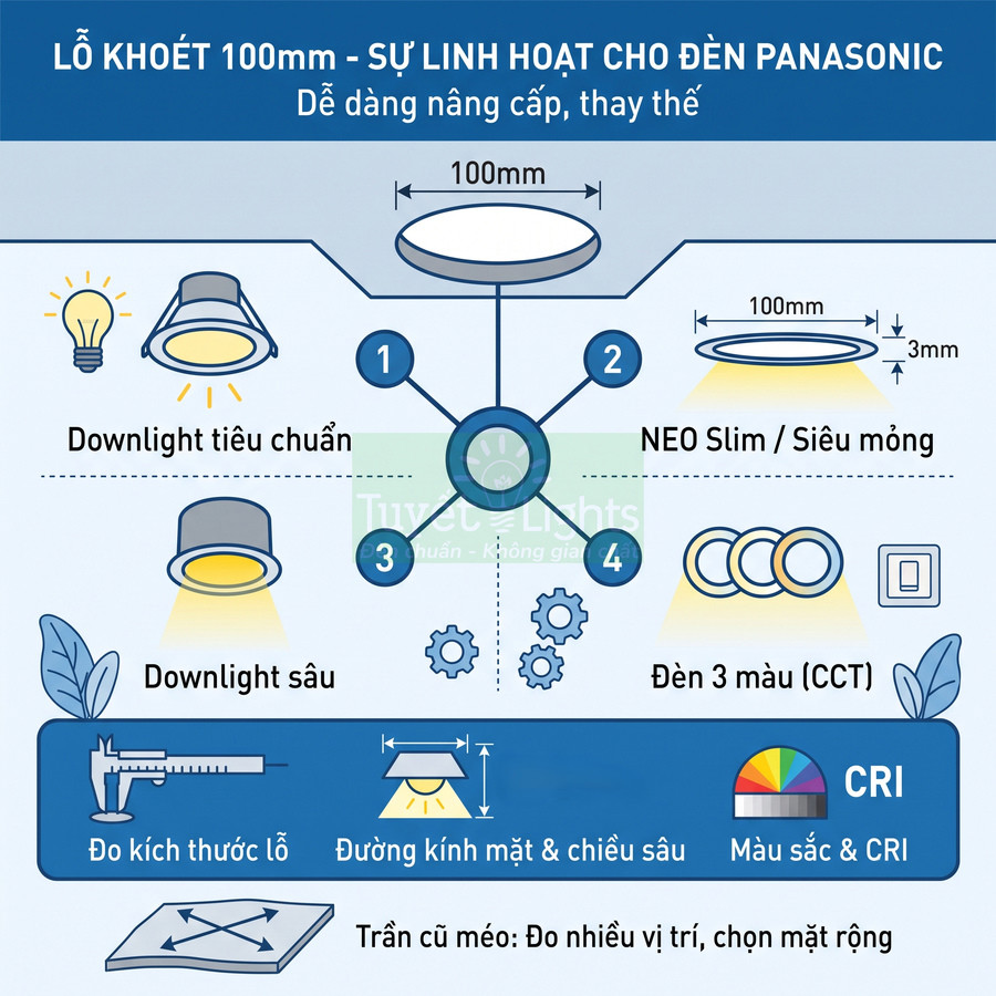 Infographic đèn downlight Panasonic lỗ khoét 100mm, giới thiệu các loại đèn NEO Slim, downlight sâu và đèn 3 màu