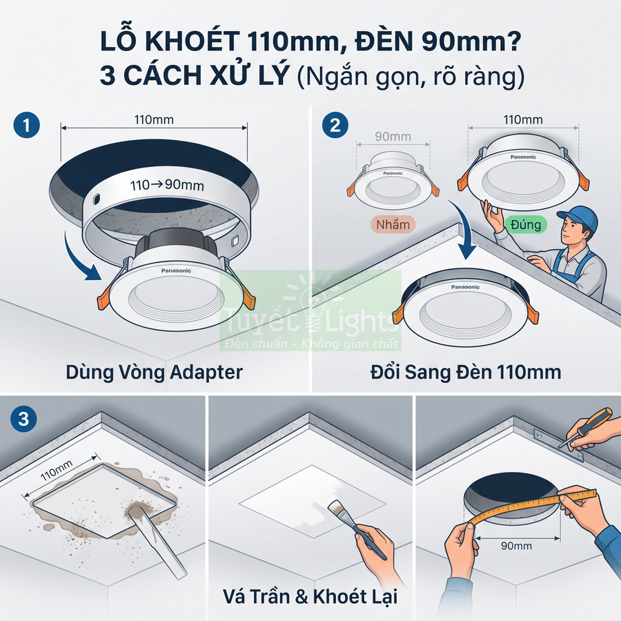 Hướng dẫn xử lý lỗ khoét trần cho đèn âm trần Panasonic 90mm và 110mm bằng vòng adapter hoặc vá trần