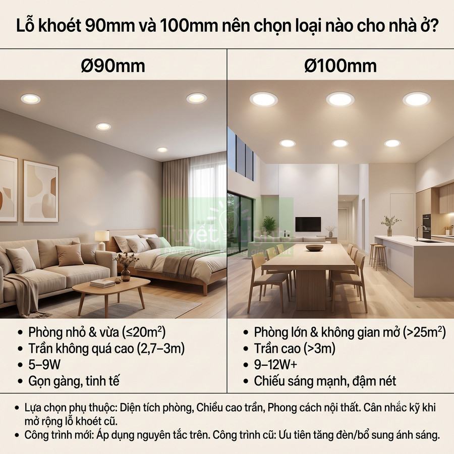 So sánh đèn âm trần lỗ khoét 90mm và 100mm cho phòng nhỏ và phòng lớn trong nhà ở