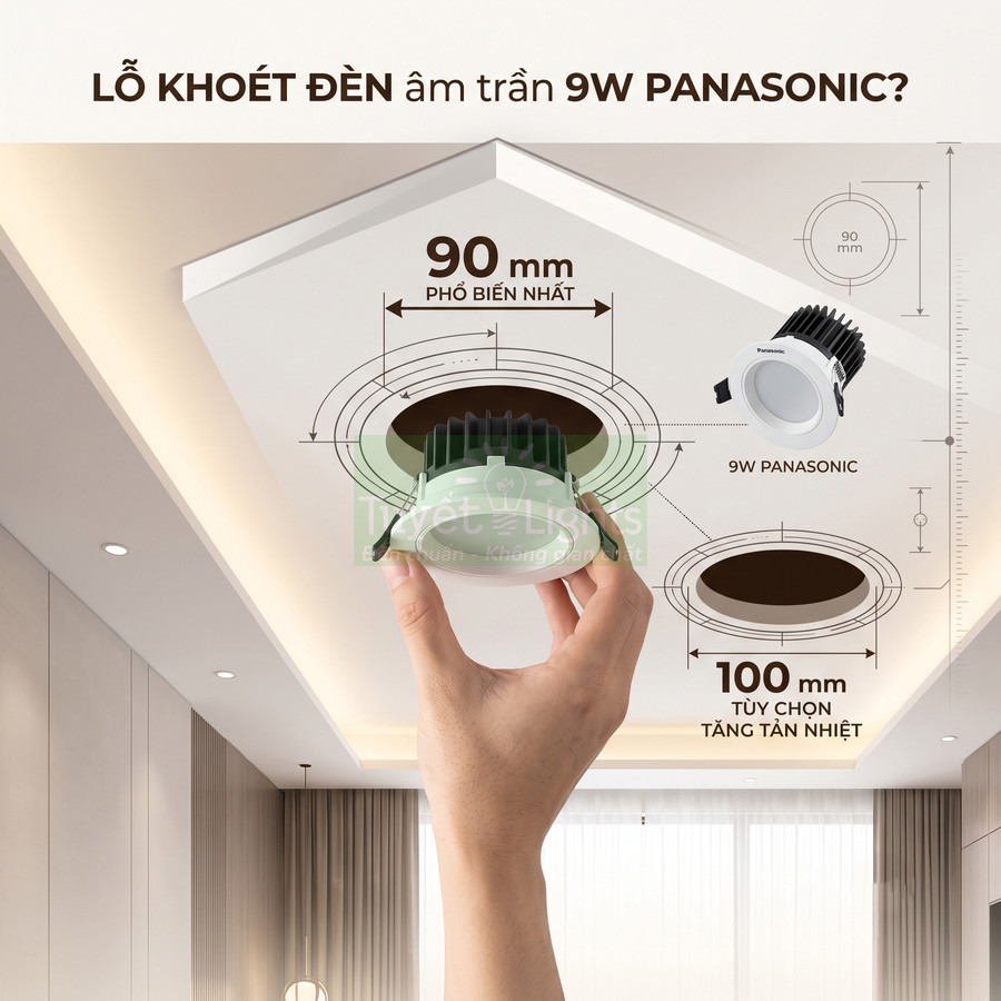Lắp đặt đèn âm trần Panasonic 9W, tay cầm bóng đèn đo lỗ khoét trần 90mm và 100mm trong phòng khách