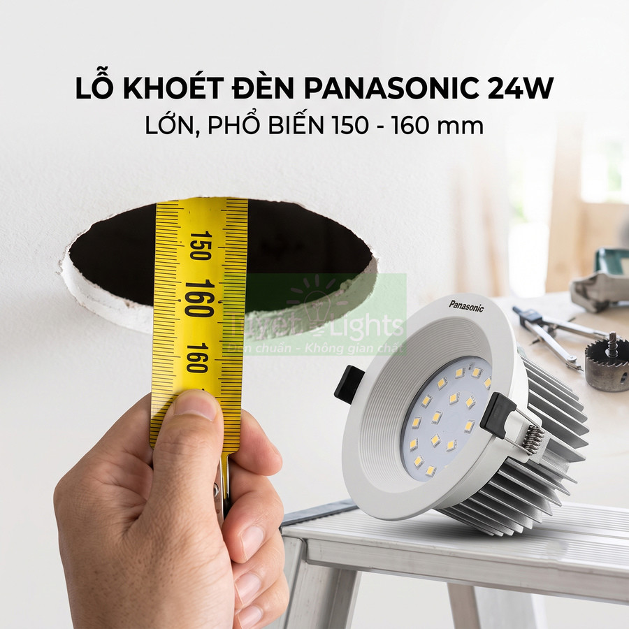 Đèn âm trần Panasonic 24W và thước đo lỗ khoét trần kích thước 150 160 mm
