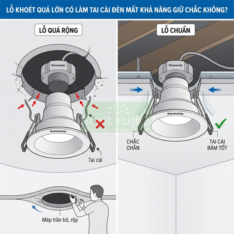 Đèn downlight Panasonic lắp âm trần so sánh lỗ khoét quá rộng và lỗ chuẩn giúp tai cài bám chắc
