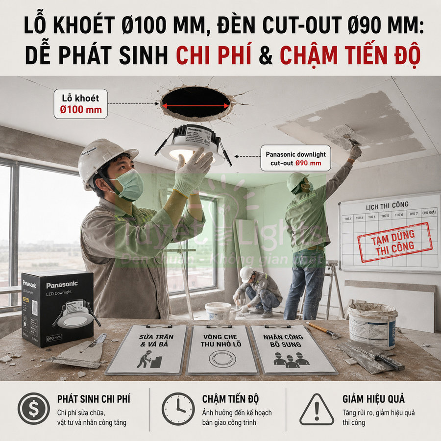 Công nhân lắp đặt đèn downlight Panasonic trong trần nhà đang thi công, minh họa rủi ro khi khoét lỗ sai kích thước