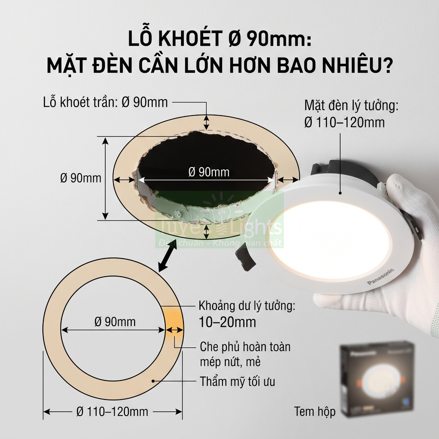 Đèn âm trần Panasonic tròn màu trắng, hướng dẫn kích thước lỗ khoét trần 90mm và đường kính mặt đèn 110–120mm