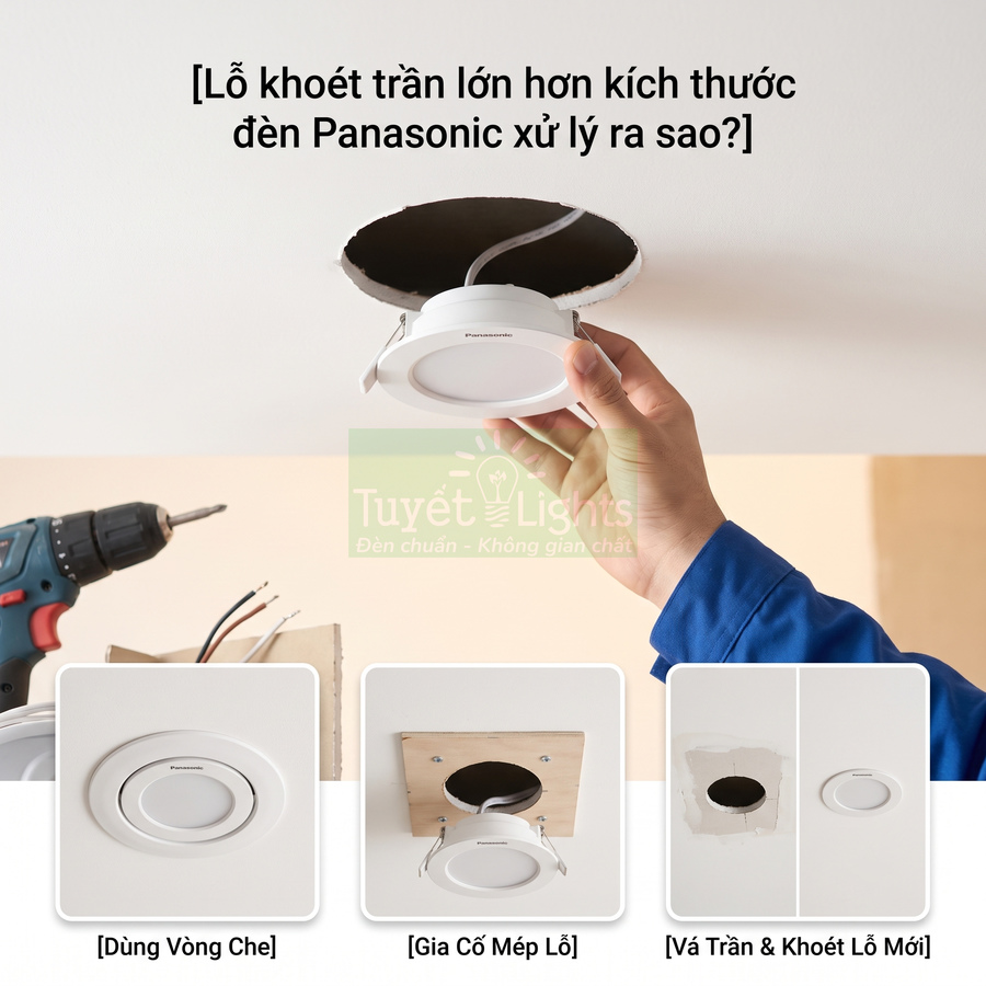 Lắp đặt đèn âm trần Panasonic vào lỗ khoét trần lớn với các cách xử lý mép lỗ và che phủ