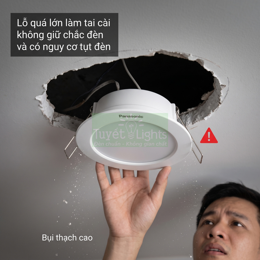 Lắp đặt đèn âm trần Panasonic vào lỗ trần thạch cao quá lớn gây nguy cơ tụt đèn