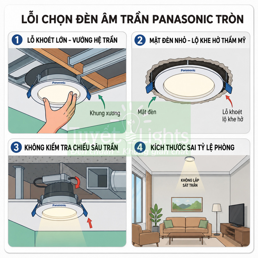 Minh họa các lỗi thường gặp khi lắp đèn âm trần Panasonic tròn trong phòng khách và trần nhà