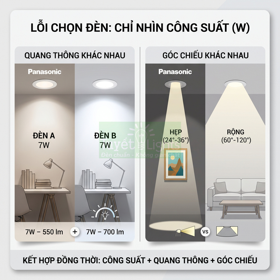So sánh đèn âm trần Panasonic 7W với quang thông và góc chiếu khác nhau cho bàn làm việc và phòng khách