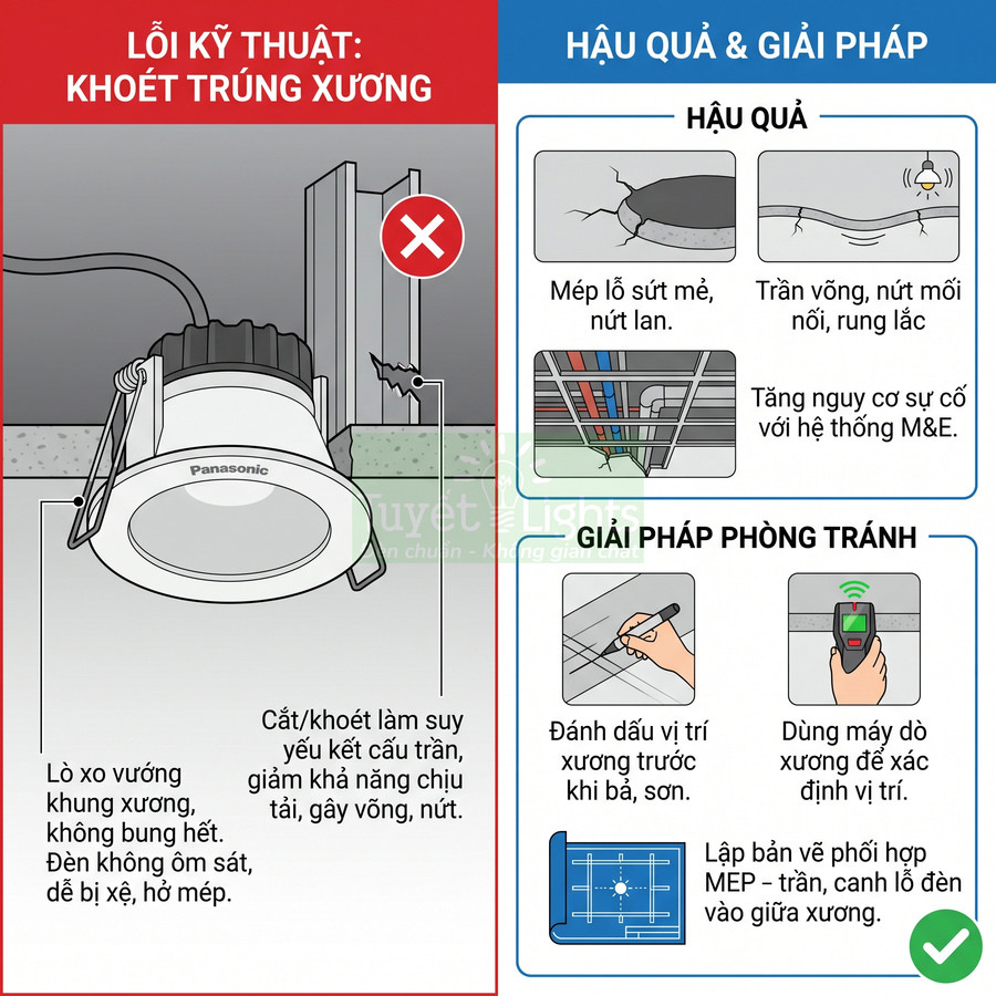 Đèn âm trần Panasonic minh họa lỗi khoét trúng xương trần và hướng dẫn cách tránh thi công sai