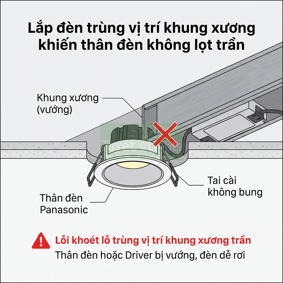 Minh họa lỗi lắp đèn âm trần Panasonic trùng khung xương khiến thân đèn không lọt trần, tai cài không bung