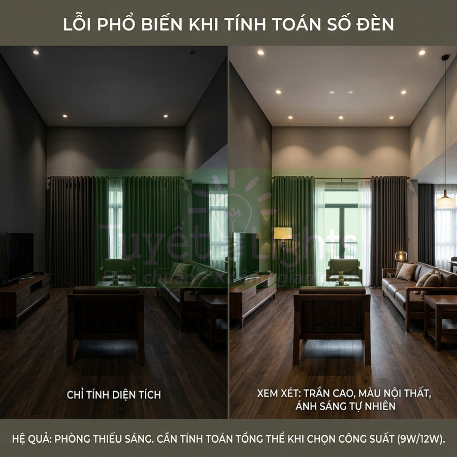 So sánh phòng khách dùng ít đèn LED và đủ đèn LED, minh họa cách tính số lượng đèn chiếu sáng hợp lý