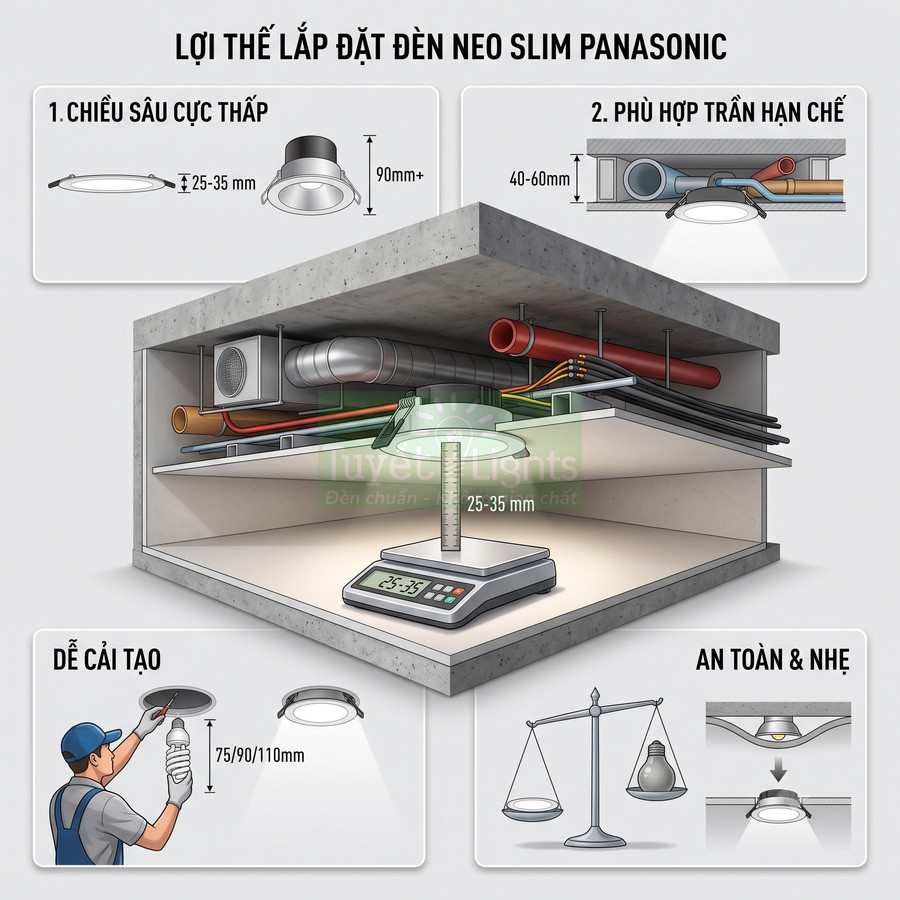 Đèn âm trần Neo Slim Panasonic siêu mỏng, dễ lắp đặt cho trần hẹp và cải tạo trần nhà an toàn, nhẹ