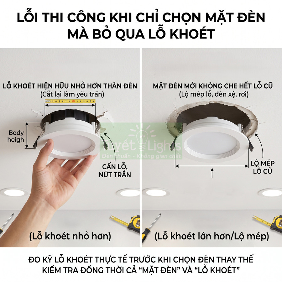 Đèn âm trần tròn màu trắng minh họa lỗi lắp đặt do lỗ khoét trần không khớp kích thước