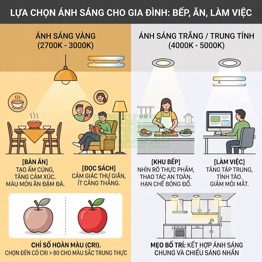 Hướng dẫn chọn ánh sáng vàng và ánh sáng trắng cho bàn ăn, đọc sách, khu bếp và góc làm việc trong gia đình