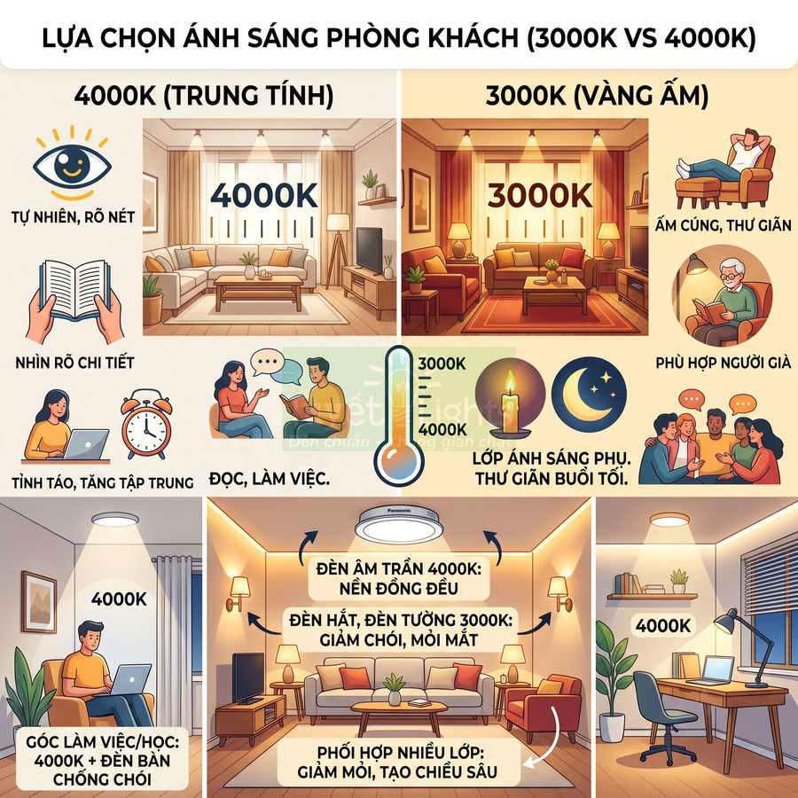 So sánh ánh sáng phòng khách 3000K vàng ấm và 4000K trung tính cho đọc sách, làm việc và thư giãn
