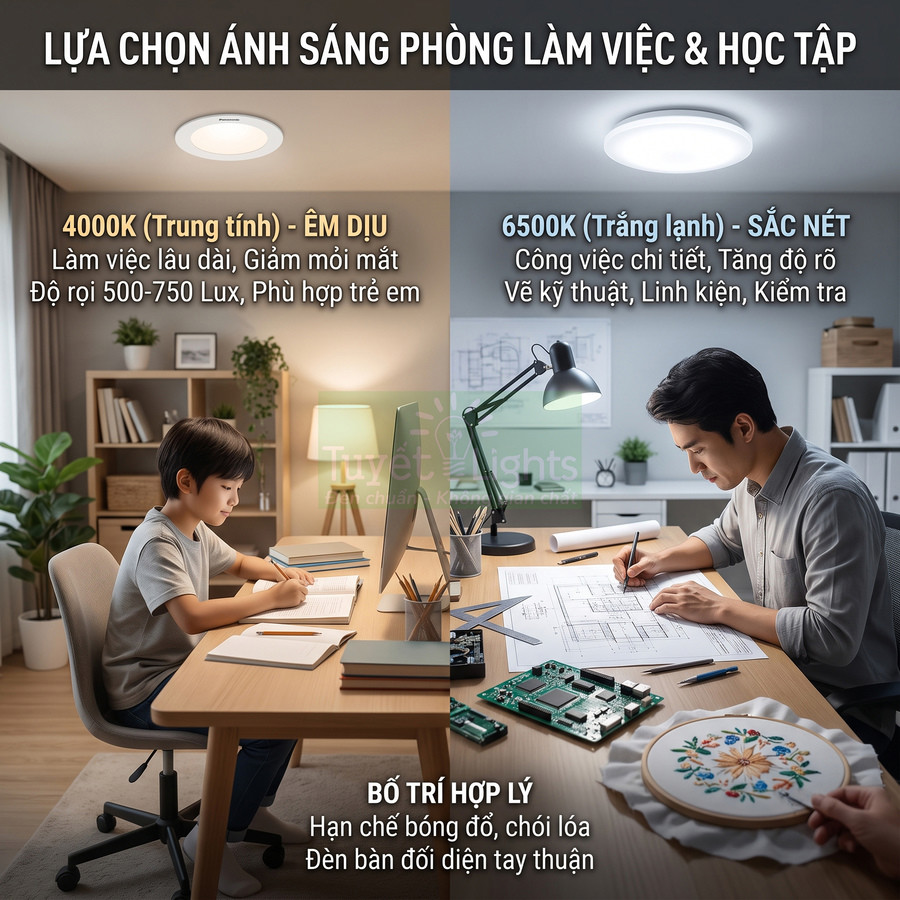 Đèn trần LED ánh sáng 4000K và 6500K cho phòng làm việc học tập, bàn học trẻ em và bàn làm việc kỹ thuật