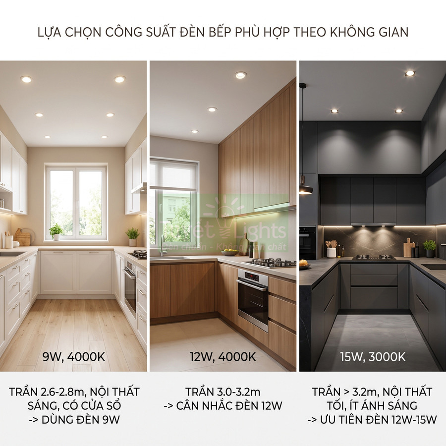 So sánh các mẫu đèn âm trần cho bếp với công suất 9W, 12W, 15W theo chiều cao trần và độ sáng không gian