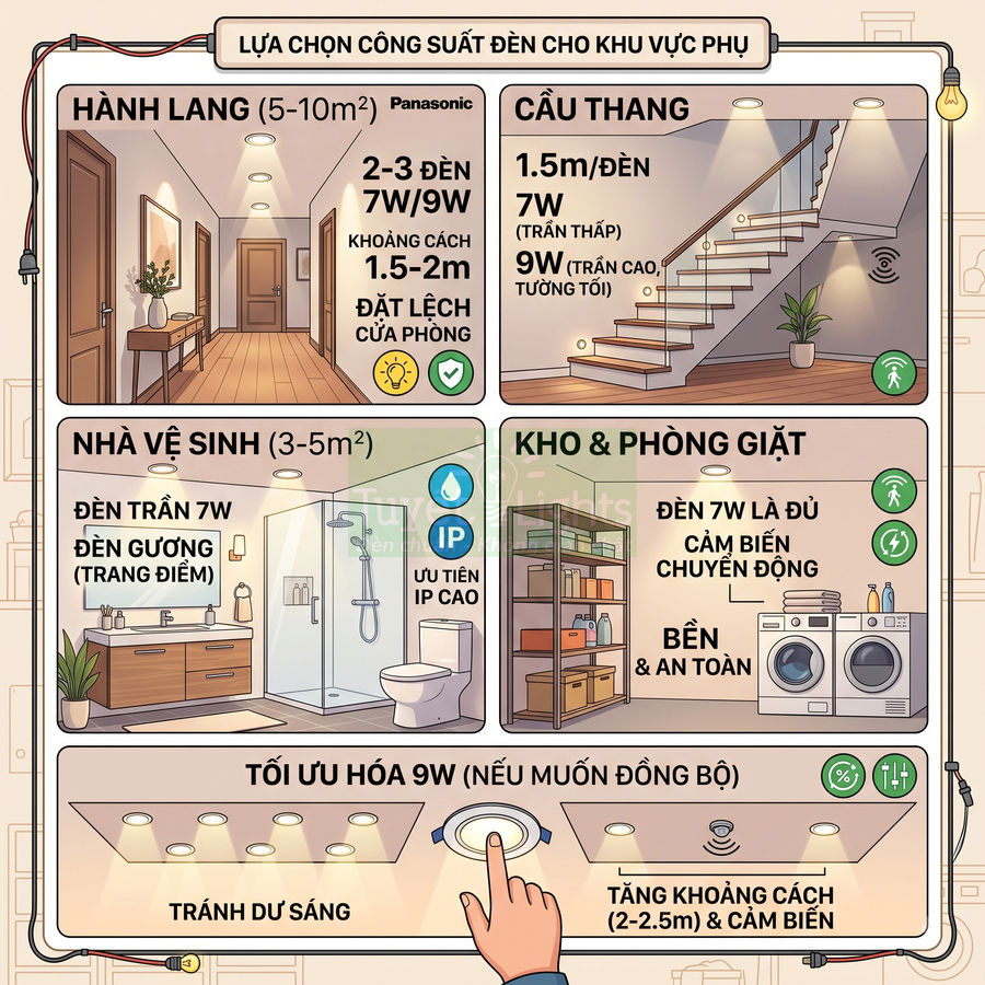 Hướng dẫn chọn công suất đèn LED Panasonic 7W 9W cho hành lang cầu thang nhà vệ sinh kho và phòng giặt
