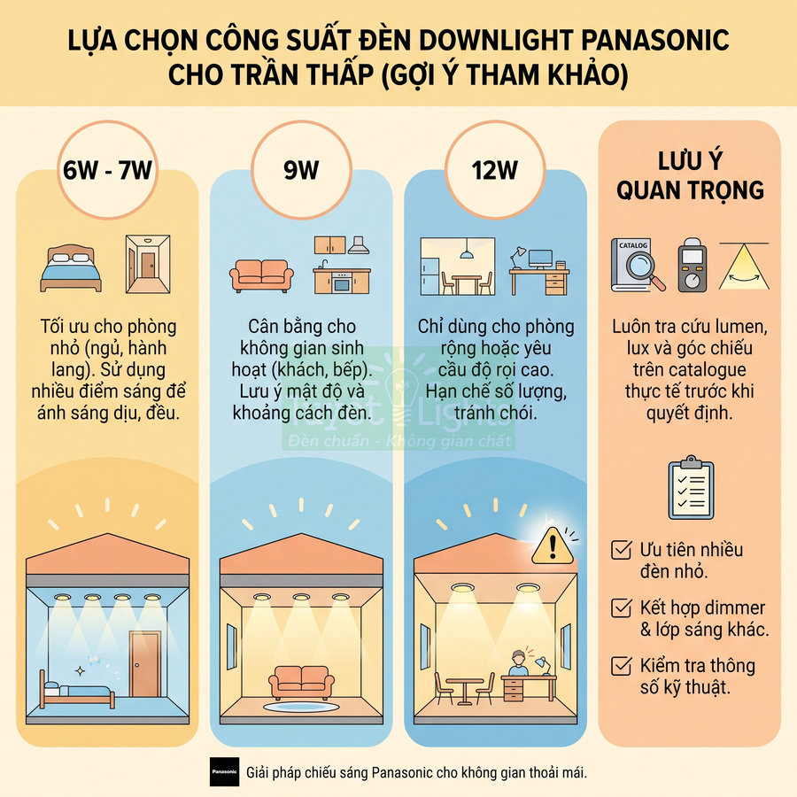 Hướng dẫn chọn công suất đèn downlight Panasonic 6W 7W 9W 12W cho trần thấp và các lưu ý lắp đặt