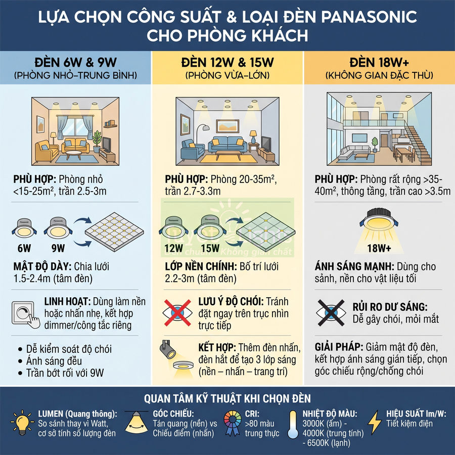 Hướng dẫn chọn công suất và loại đèn LED Panasonic cho phòng khách theo diện tích và chiều cao trần