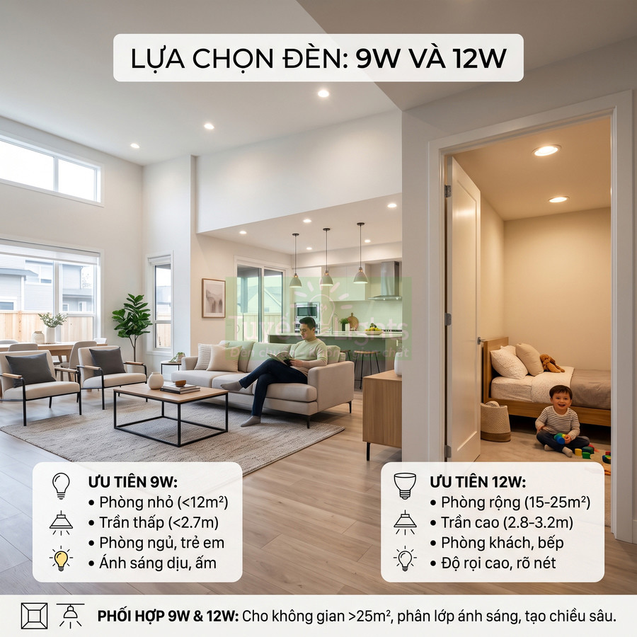 Đèn LED âm trần 9W và 12W chiếu sáng phòng khách và phòng ngủ, ánh sáng vàng ấm cho không gian gia đình