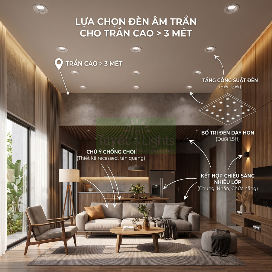 Đèn âm trần cho phòng khách trần cao trên 3 mét với bố trí nhiều lớp chiếu sáng hiện đại