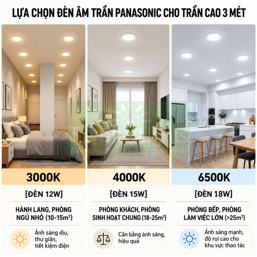 Đèn âm trần Panasonic 3000K 4000K 6500K cho phòng ngủ phòng khách phòng bếp trần cao 3 mét