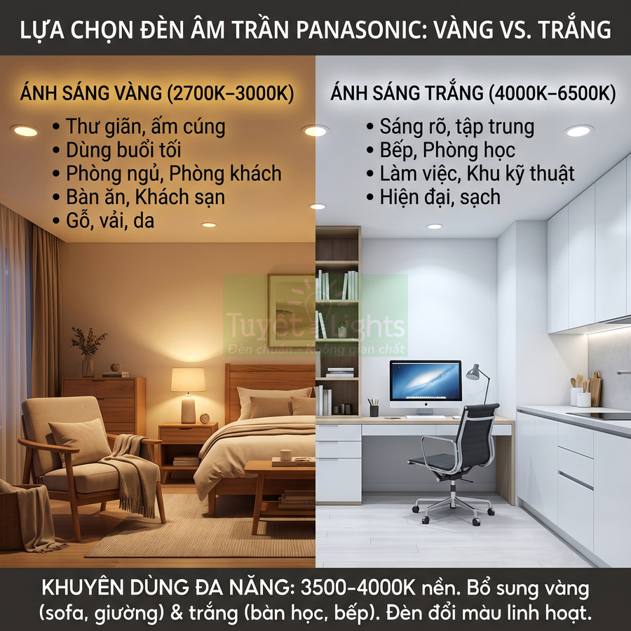 Nên chọn đèn âm trần Panasonic ánh sáng vàng hay trắng?