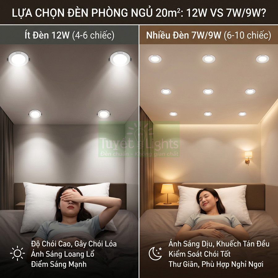 So sánh phòng ngủ dùng ít đèn âm trần 12W và nhiều đèn âm trần 7W 9W cho ánh sáng và độ thoải mái