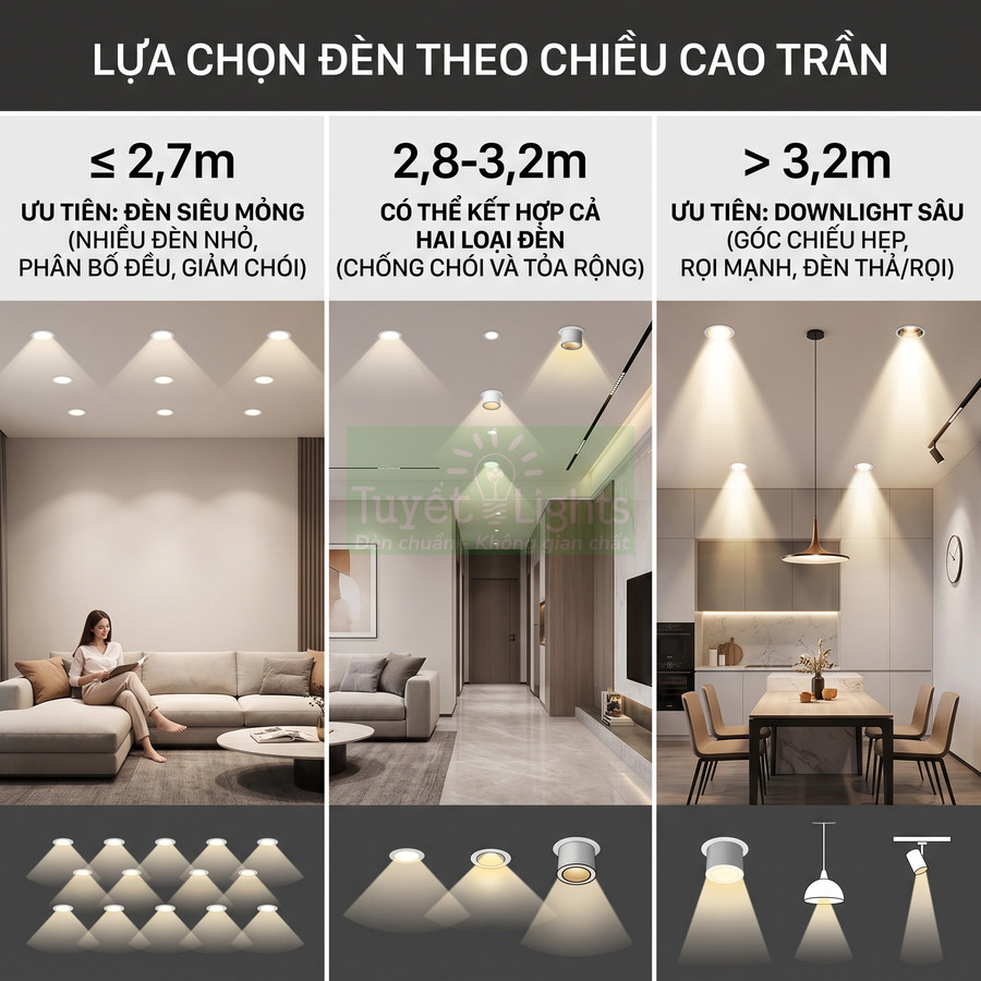 Hướng dẫn chọn đèn âm trần và downlight cho phòng khách, phòng bếp theo từng độ cao trần nhà