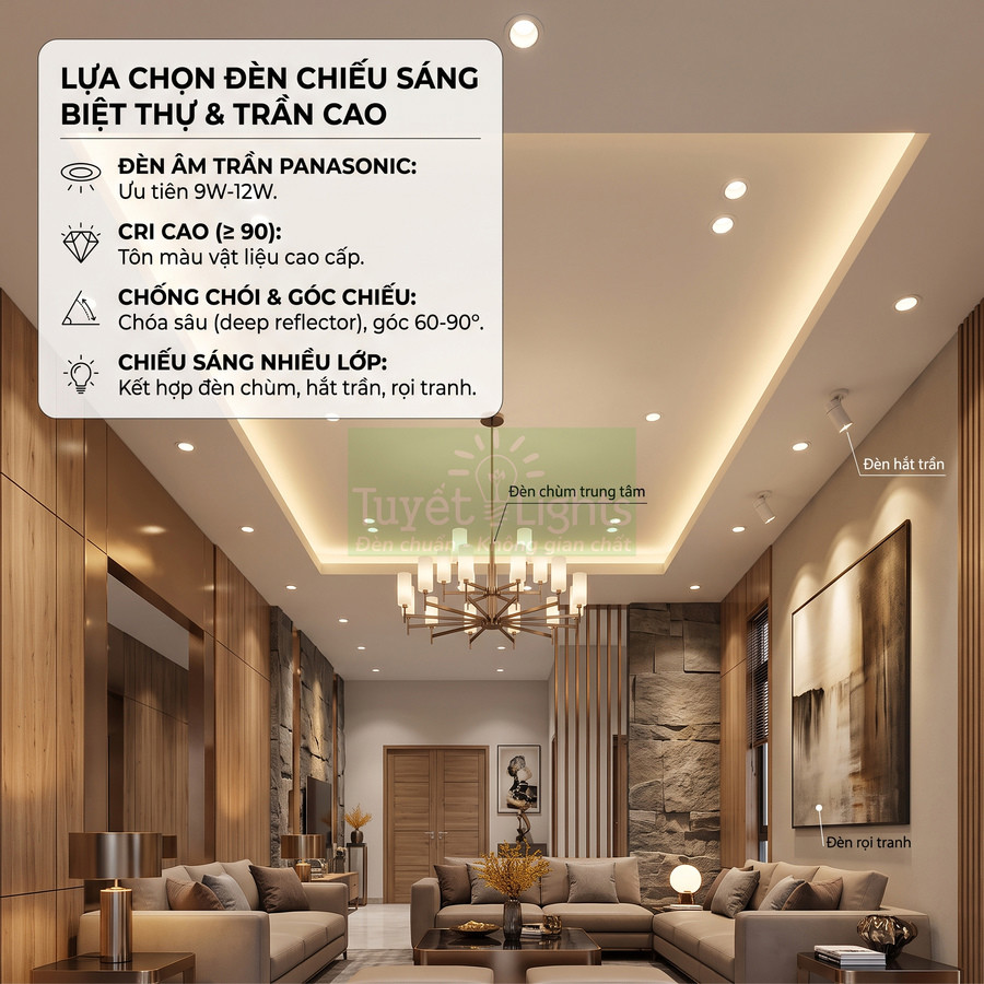 Phòng khách biệt thự hiện đại với hệ thống đèn âm trần Panasonic, đèn chùm trung tâm và đèn rọi tranh cao cấp