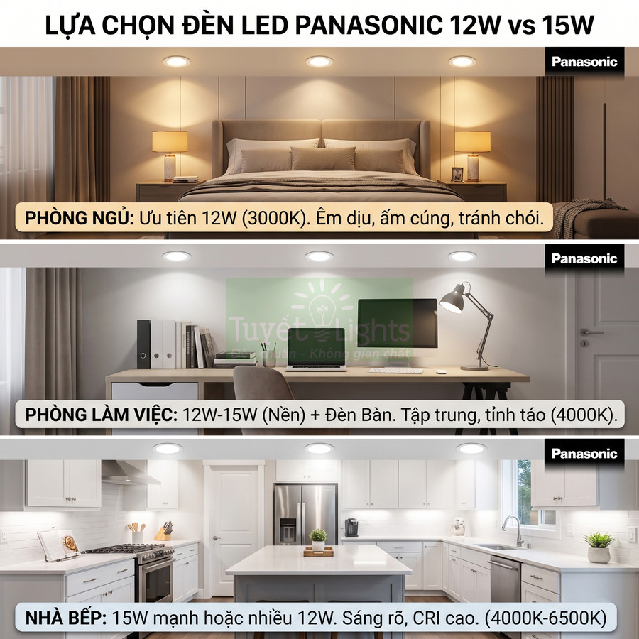 Đèn LED âm trần Panasonic 12W và 15W chiếu sáng phòng ngủ, phòng làm việc và nhà bếp hiện đại