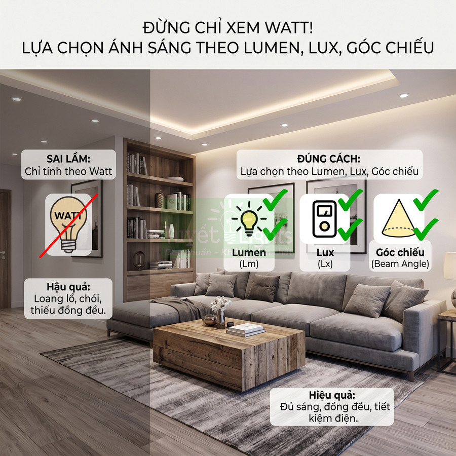 Phòng khách với đèn LED trần hiện đại, so sánh chọn ánh sáng theo Watt với Lumen Lux và góc chiếu