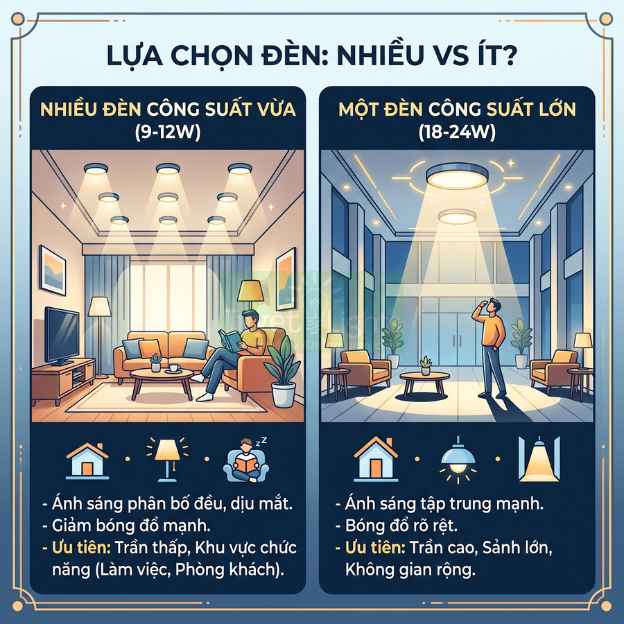 So sánh nhiều đèn LED công suất vừa và một đèn LED công suất lớn cho phòng khách trần thấp và sảnh trần cao