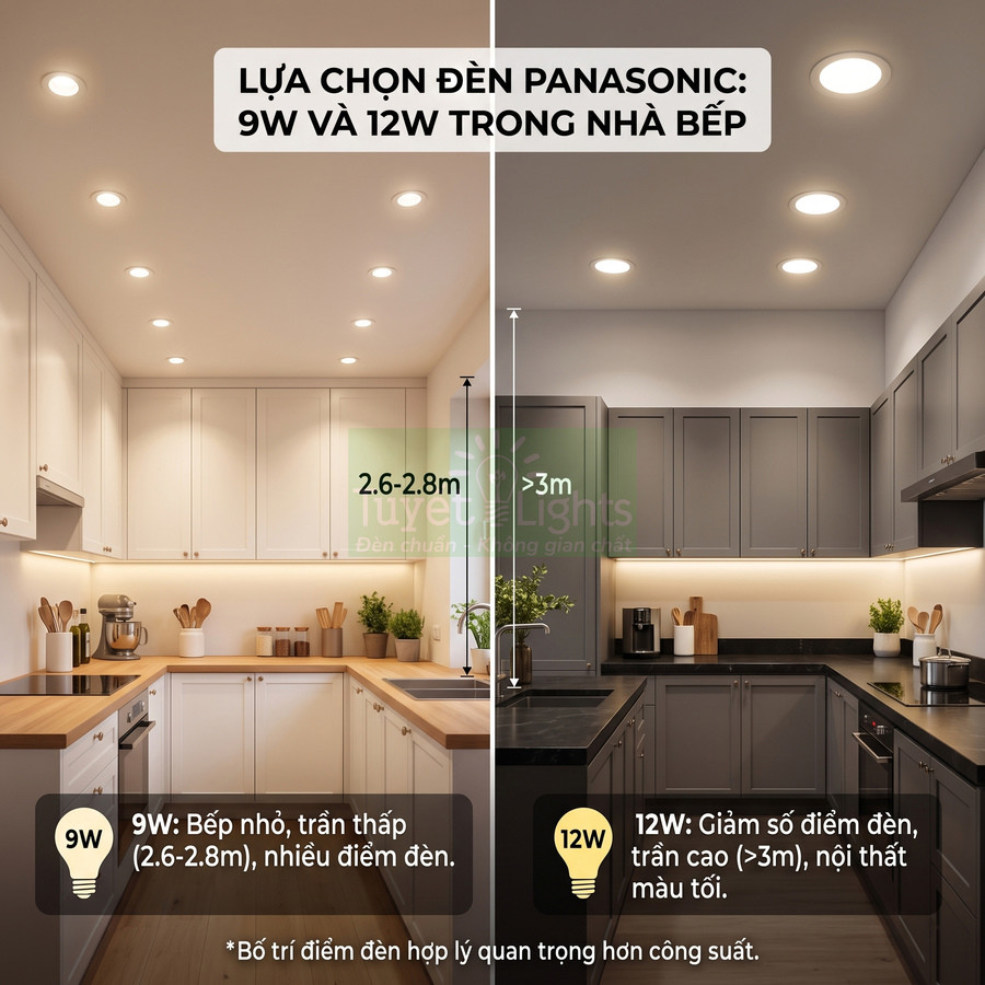 So sánh đèn âm trần Panasonic 9W và 12W cho hai không gian bếp trần thấp và trần cao