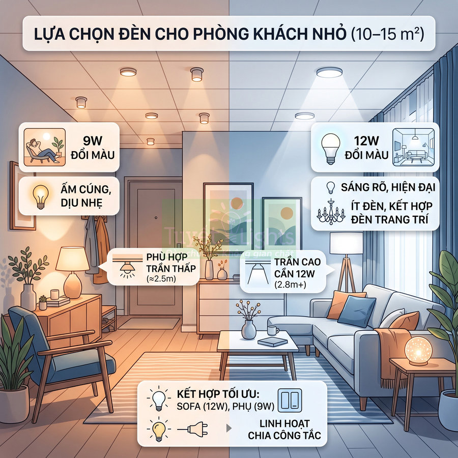 So sánh đèn LED 9W và 12W đổi màu cho phòng khách nhỏ, gợi ý lắp cho trần thấp và trần cao