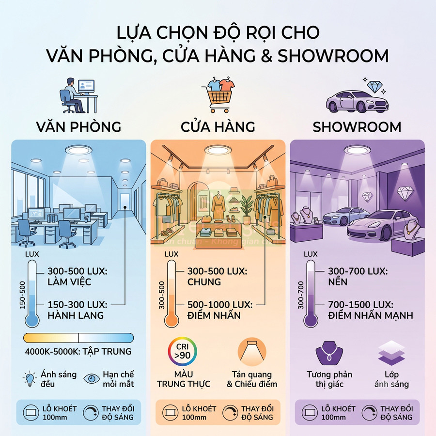 Bảng hướng dẫn chọn độ rọi đèn LED cho văn phòng, cửa hàng thời trang và showroom trưng bày ô tô, trang sức
